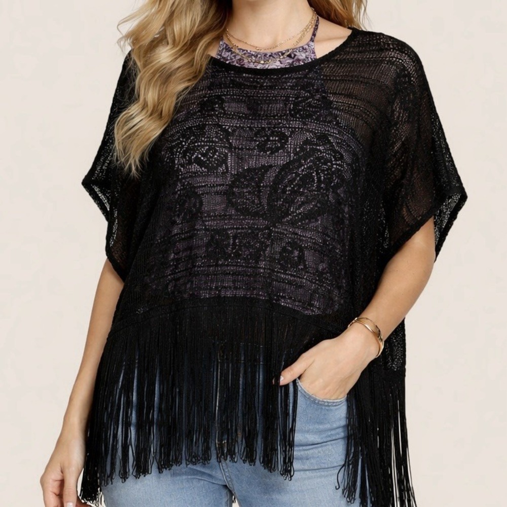 YA Los Angeles Black Sequin Open Knit Fringe Poncho Top M Crochet Whimsigoth